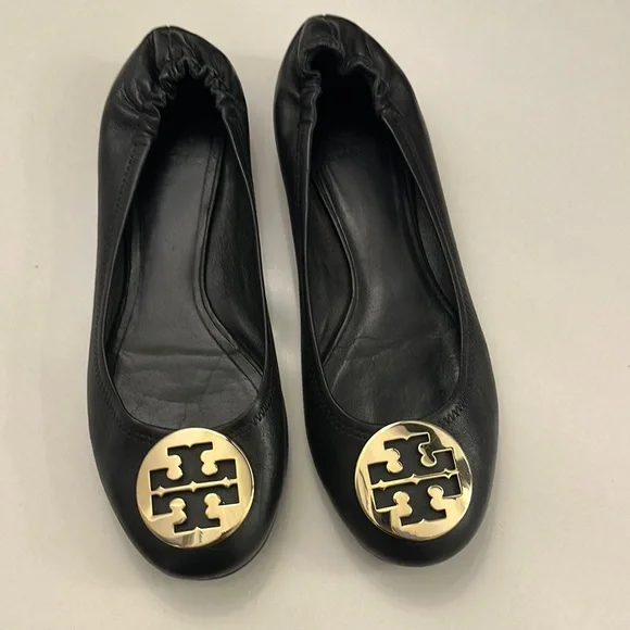 Tory Burch Black and Gold Leather Flats - Picture 1 of 9